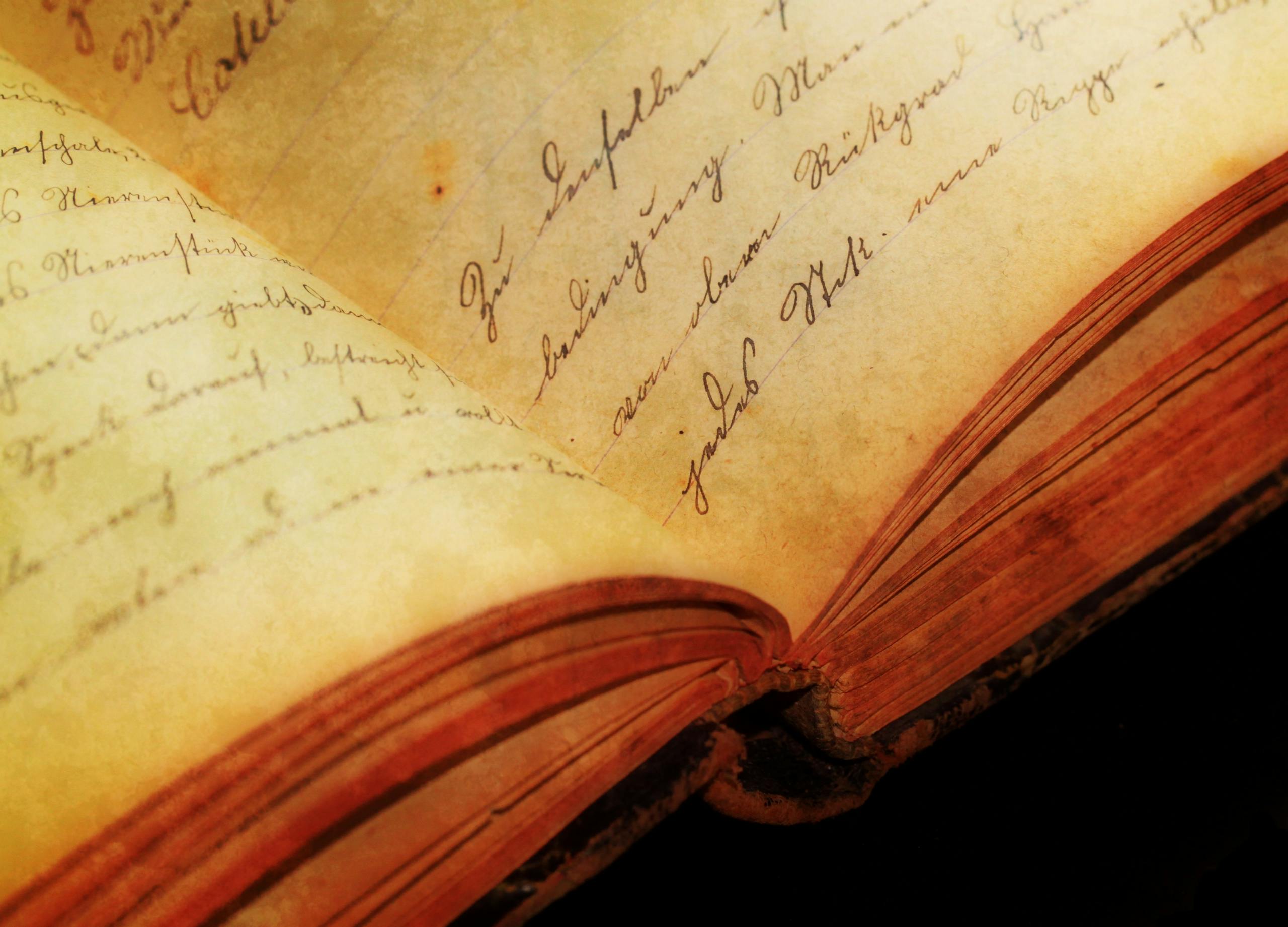 Close-up of an antique book showing handwritten text on aged pages.